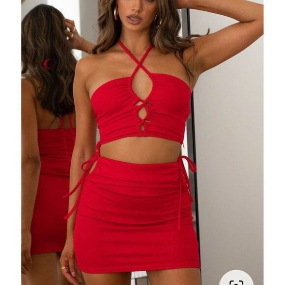 Beginning Boutique Alexis Ruched Cut Out Mini Skirt and Halter Top in Red - Picture 1 of 9